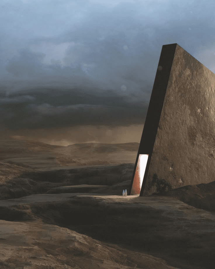 Architectural stone monolith with glowing light entryway in dramatic landscape