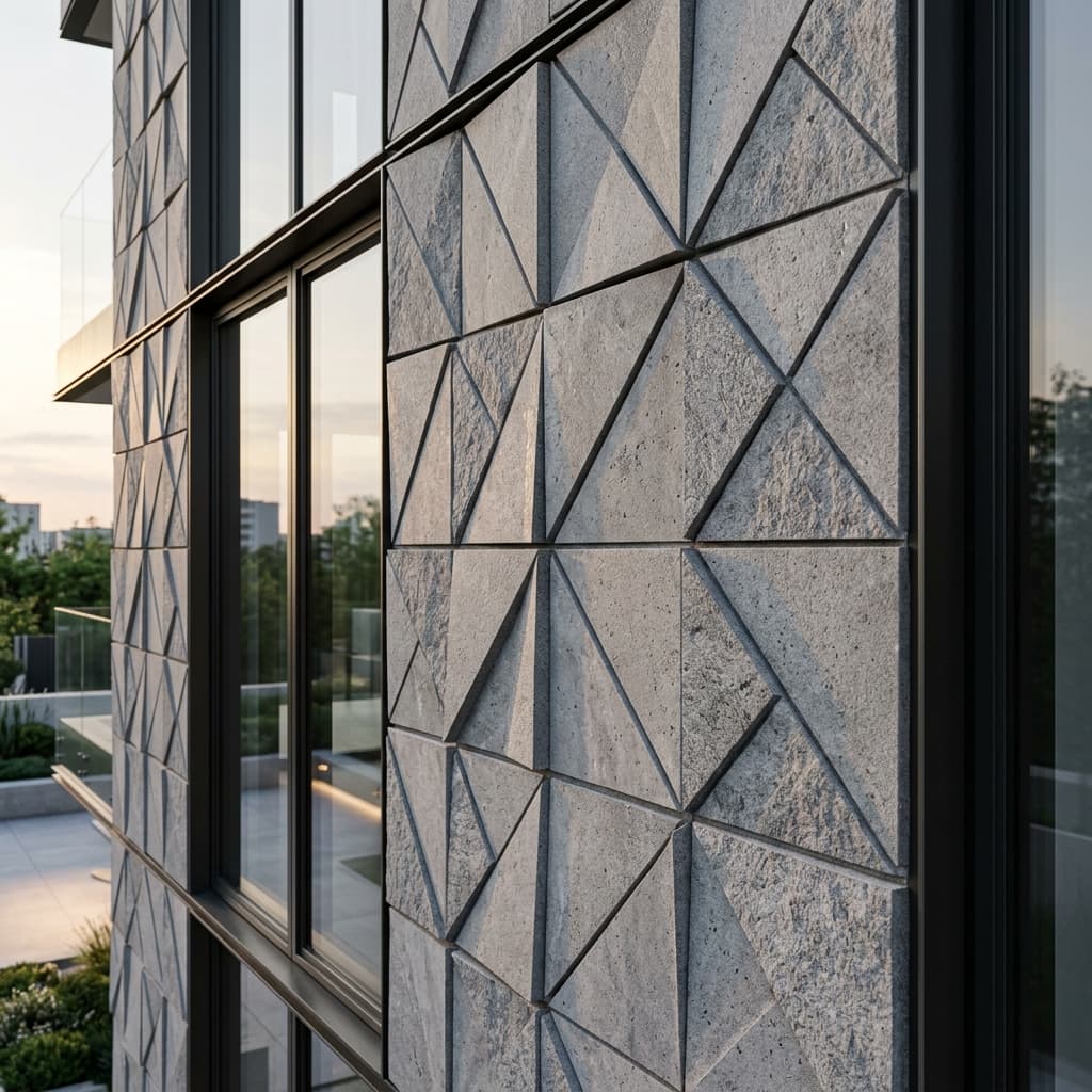 Geometric textured stone facade panels in daylight