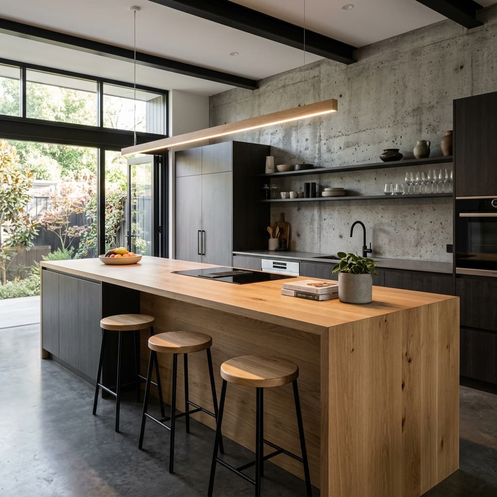 Minimalist kitchen interior with concrete wall and wooden island
