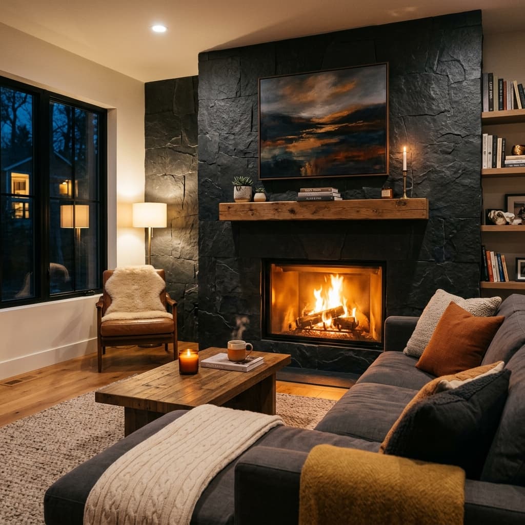 Dark slate stone fireplace wall with a warm burning fire