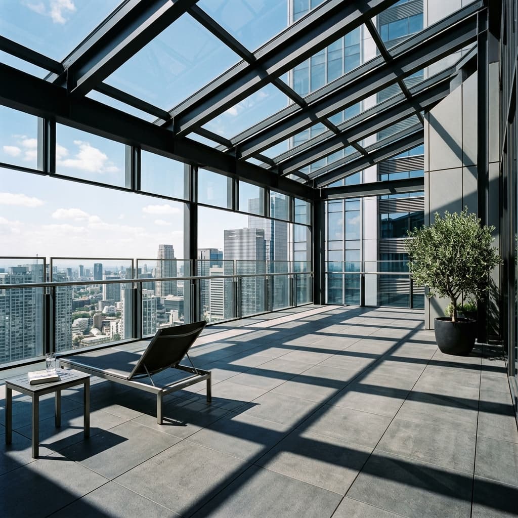Minimalist outdoor glass panel framing with geometric shadows